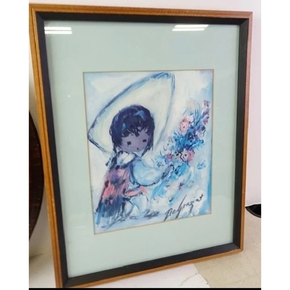Vintage Ted DeGrazia "Little Flower Vendor" Framed Art Print Southwest Folk Art